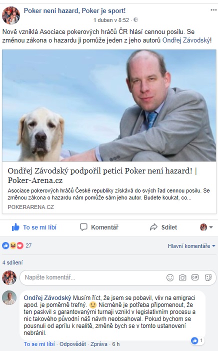 Ondřej Závodský podpořil petici za poker