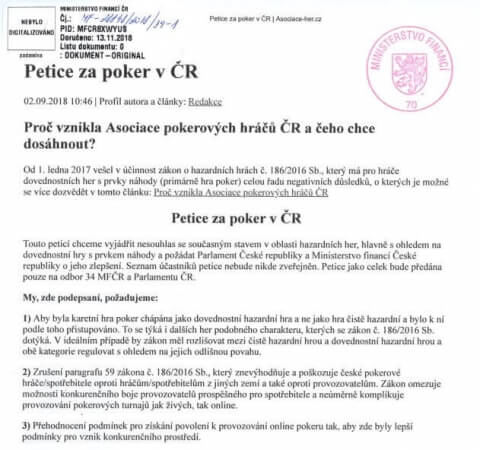 Petice za poker v ČR s razítkem podatelny MF